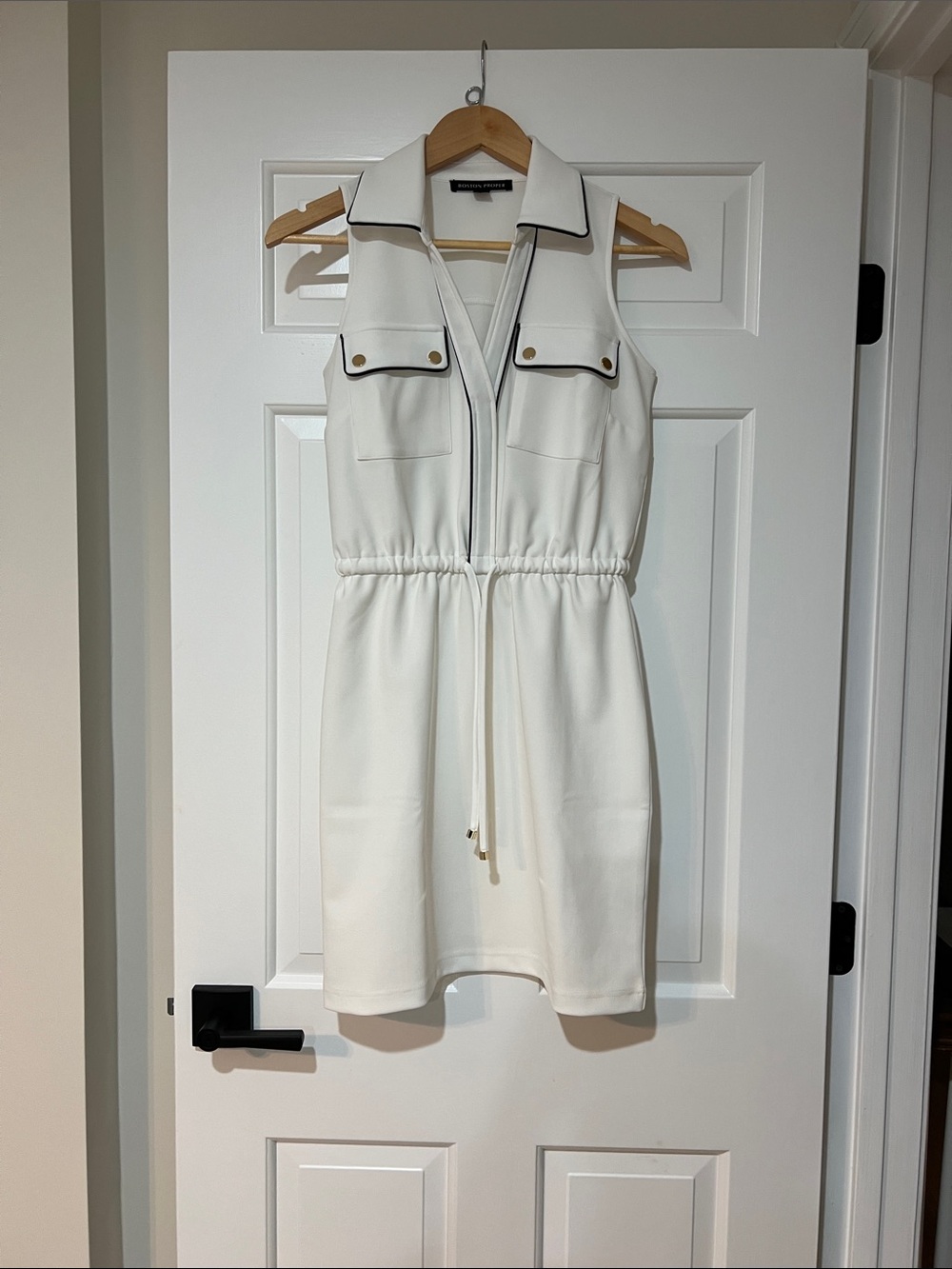 Boston Proper Sleeveless White Drawstring Collar Dress